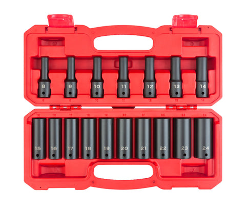 Tekton 1/2 Inch Drive Deep 6-Point Impact Socket Set with Case, 17-Piece (8-24 mm)